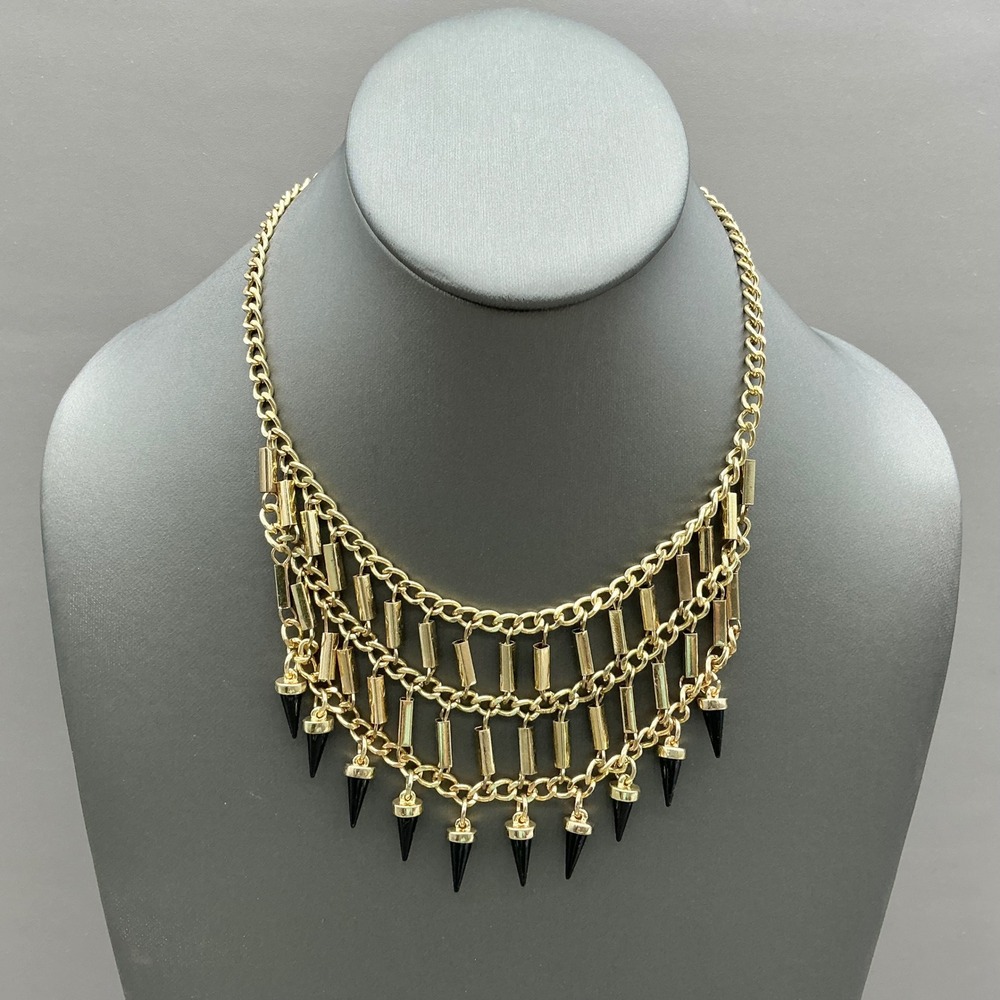 BCBGeneration Necklace Women Gold Black Spike Fringe Layered Chain Statement